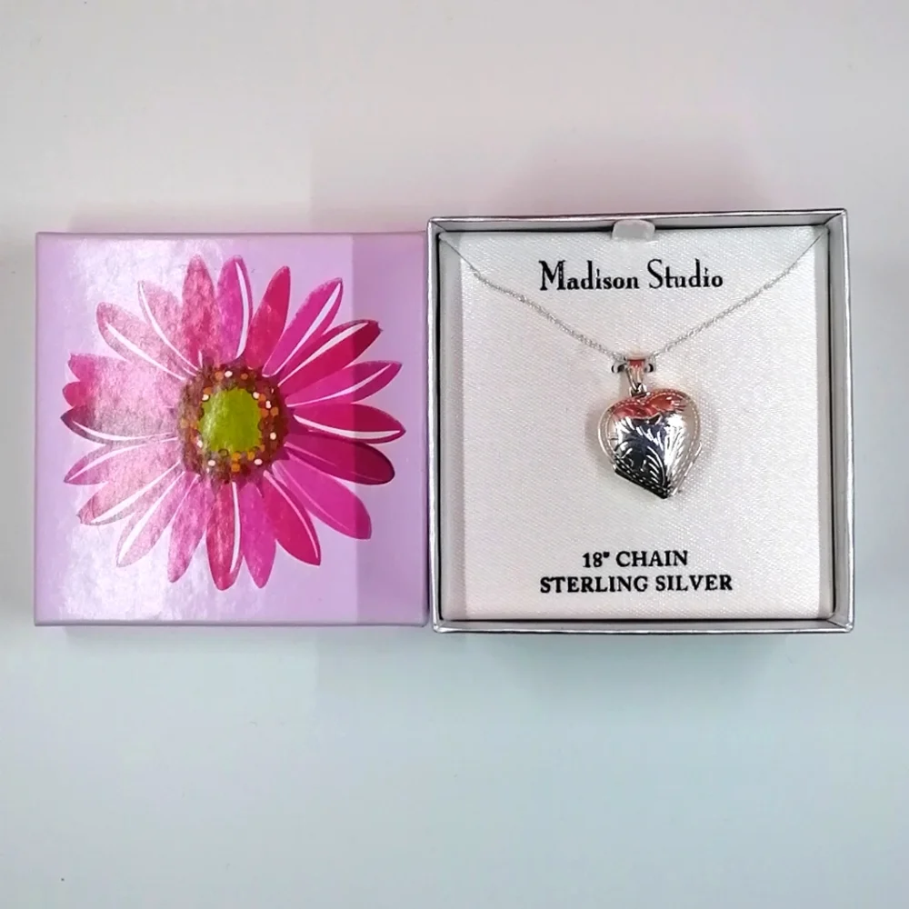 4 Part Heart Locket Necklace Vintage Sterling Silver, 18 Inch Chain NIB - Picture 1 of 12